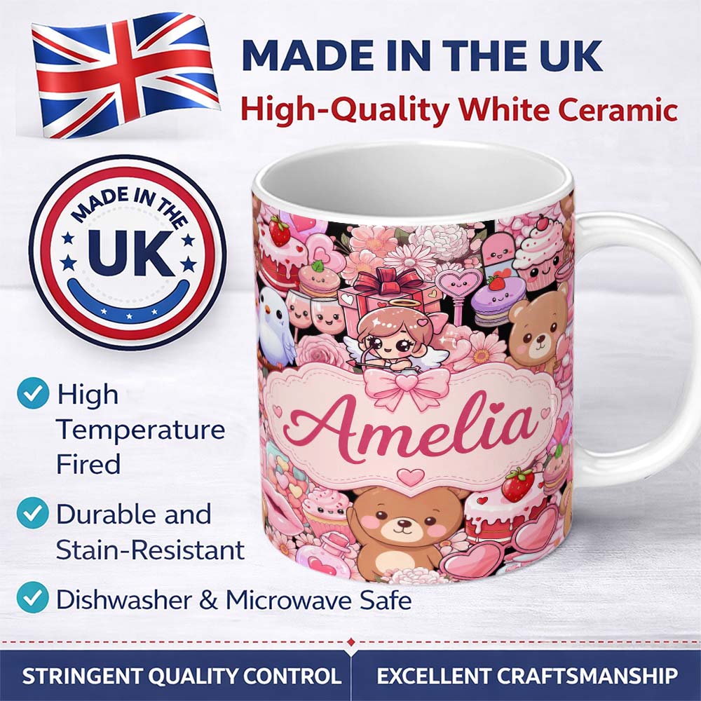 Personalized Custom Name Cute Teddy Bears Cakes Flowers Valentines Kawaii Seamless Pattern 11oz Ceramic Coffee Tea Mug White Large Handle