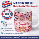 Personalized Custom Name Cute Teddy Bears Cakes Flowers Valentines Kawaii Seamless Pattern 11oz Ceramic Coffee Tea Mug White Large Handle