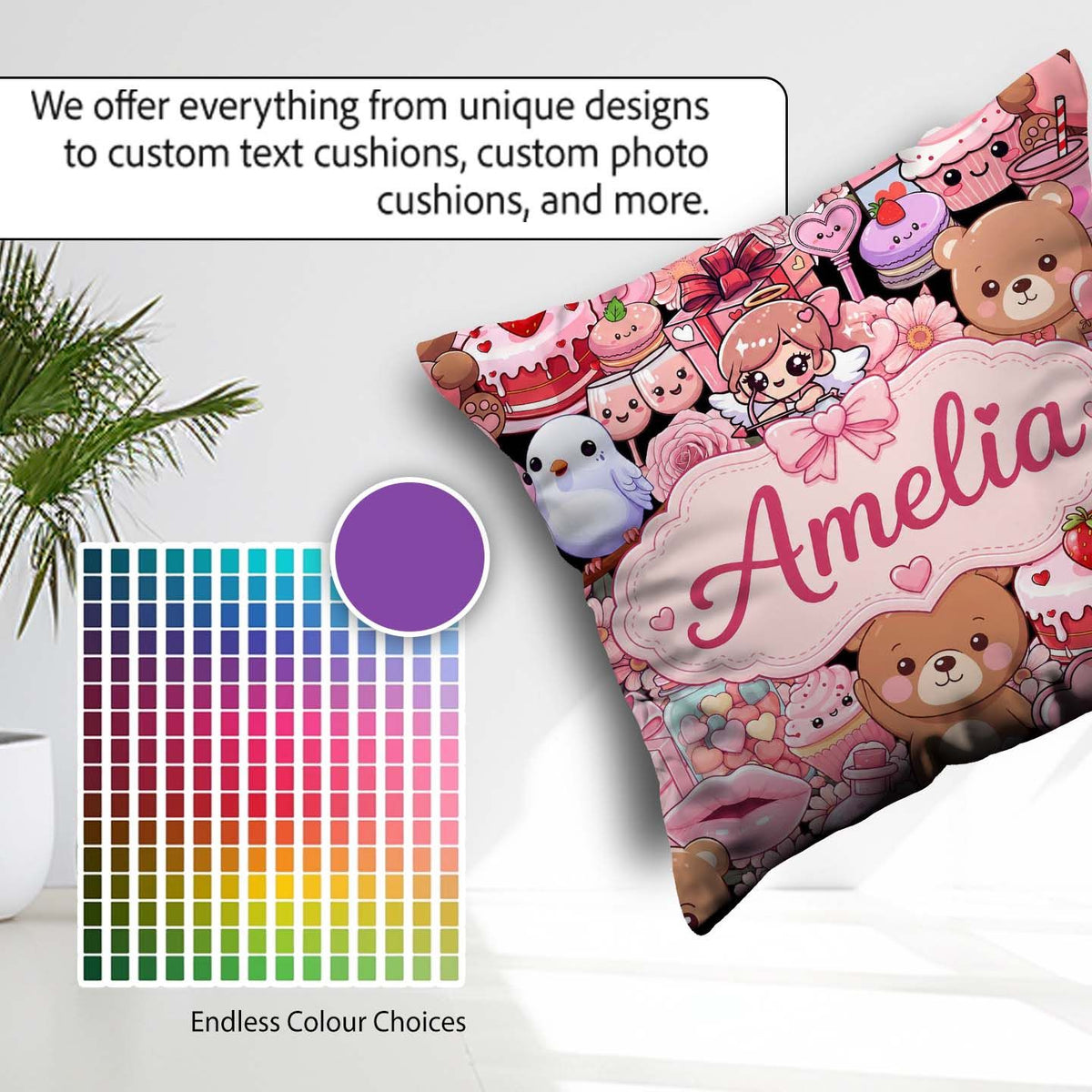 Custom Name Teddy Bears Cakes Flowers Valentines Kawaii Seamless Square Filled Cushion Throw Pillow Sofa Bed Home Decor Zip Washable UK Made