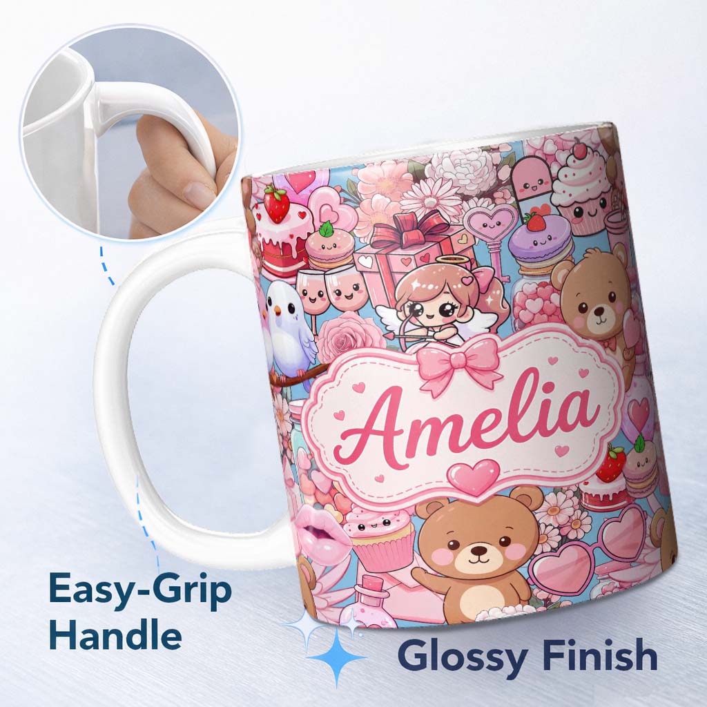 Personalized Custom Name Cute Teddy Bears Cakes Flowers Blue Background Seamless Pattern Name 11oz Ceramic Coffee Tea Mug White Large Handle