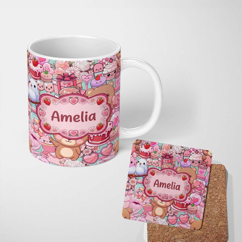 Personalized Custom Name Cute Teddy Bears Cakes Flowers Green Background Seamless Pattern 11oz Ceramic Coffee Tea Mug White Large Handle