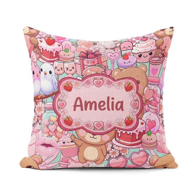 Custom Name Teddy Bears Cakes Flowers Green Background Seamless Square Filled Cushion Throw Pillow Sofa Bed Home Decor Zip Washable UK Made