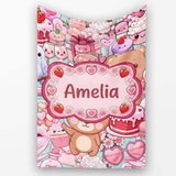Cute Teddy Bears Cakes Flowers Green Background Seamless Pattern  Personalised Custom Name Super Soft Fleece Blanket Bed Sofa Throw