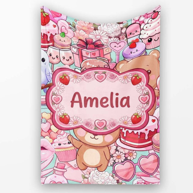 Cute Teddy Bears Cakes Flowers Green Background Seamless Pattern  Personalised Custom Name Super Soft Fleece Blanket Bed Sofa Throw