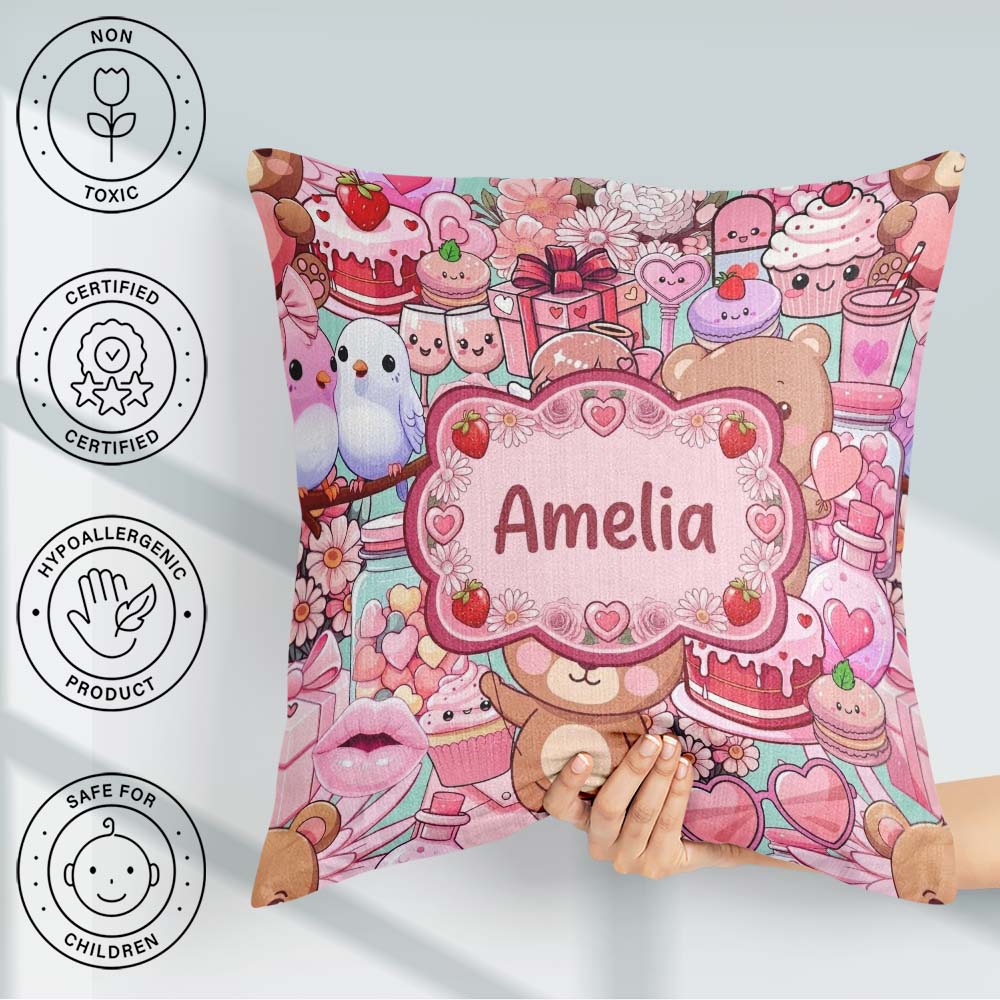 Custom Name Teddy Bears Cakes Flowers Green Background Seamless Square Filled Cushion Throw Pillow Sofa Bed Home Decor Zip Washable UK Made