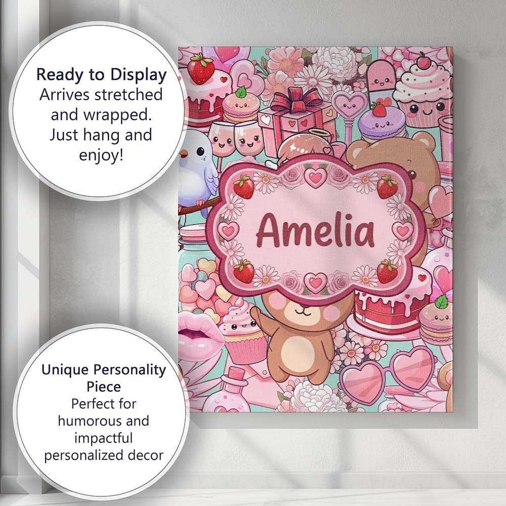 Personalised Name Cute Teddy Bears Cakes Custom  Unique Gift Idea Elegant Feature Canvas Wall Art Print Decor Picture Ready to Hang