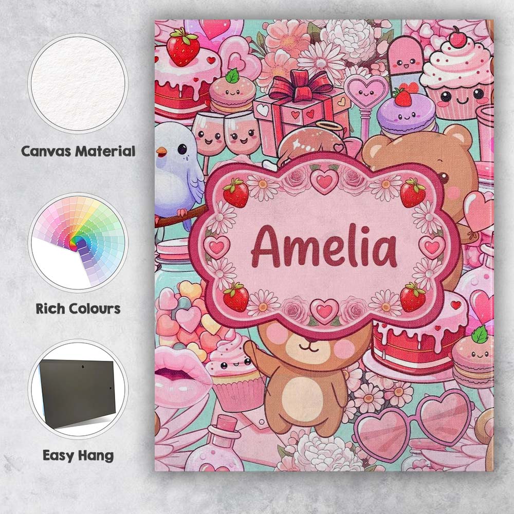 Personalised Name Cute Teddy Bears Cakes Custom  Unique Gift Idea Elegant Feature Canvas Wall Art Print Decor Picture Ready to Hang