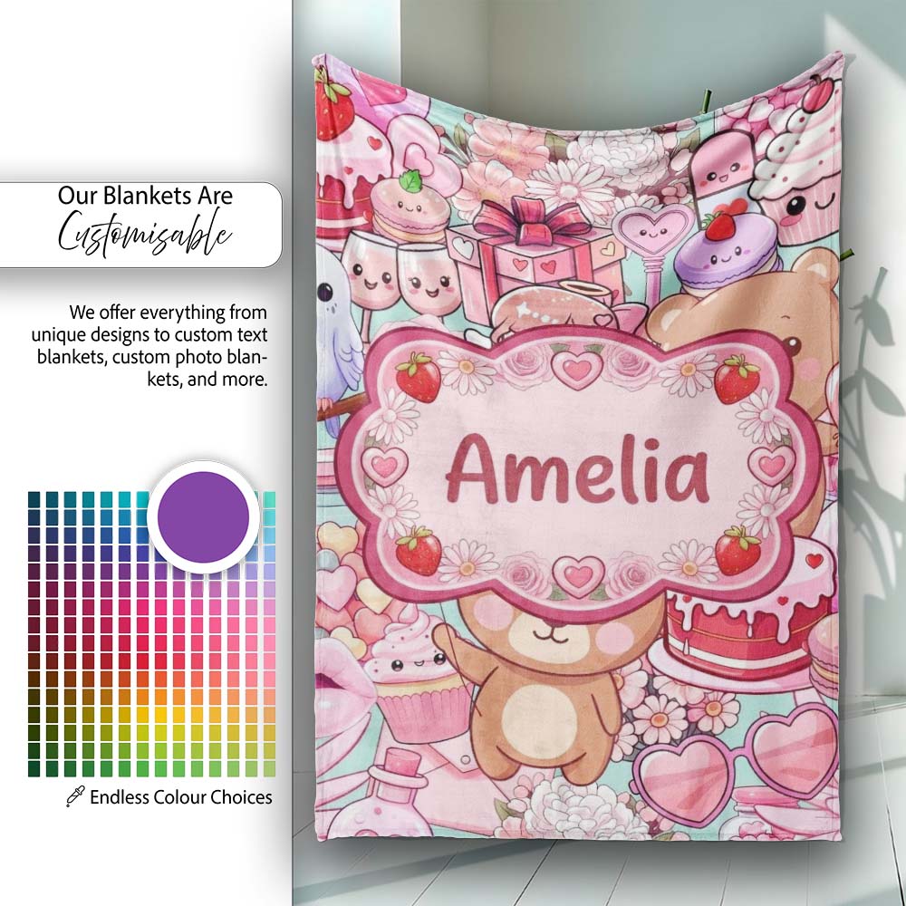 Cute Teddy Bears Cakes Flowers Green Background Seamless Pattern  Personalised Custom Name Super Soft Fleece Blanket Bed Sofa Throw