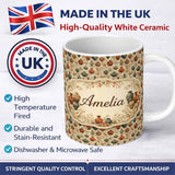 Personalized Custom Name Vintage Pottery and Botanical Elements Pattern in Warm Neutral Tones 11oz Ceramic Coffee Tea Mug White Large Handle