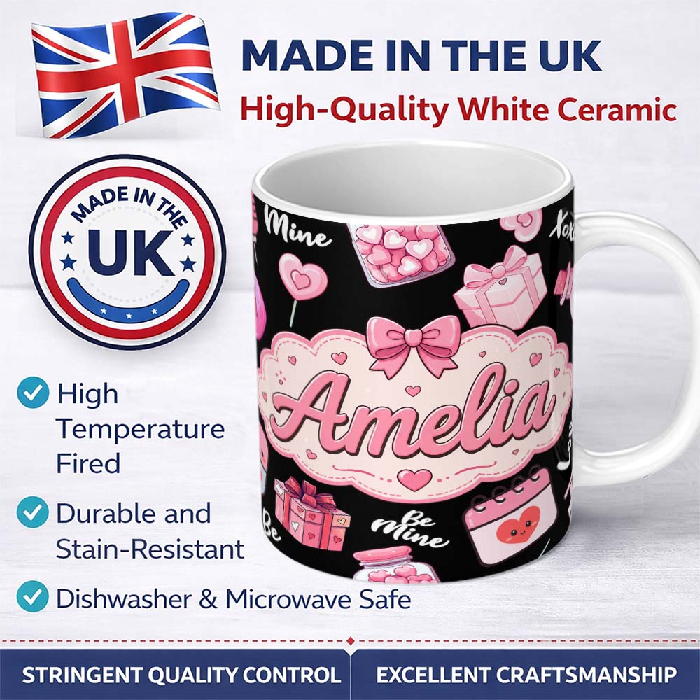Personalized Custom Name Cute Kawaii Valentine Love Hearts Syringe Gift Calendar Black Lovely 11oz Ceramic Coffee Tea Mug White Large Handle