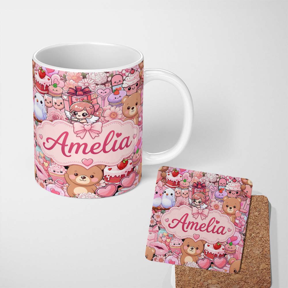 Personalized Custom Name Cute Teddy Bears Cakes Flowers Pink Background Seamless Pattern Name 11oz Ceramic Coffee Tea Mug White Large Handle