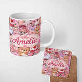 Personalized Custom Name Cute Teddy Bears Cakes Flowers Pink Background Seamless Pattern Name 11oz Ceramic Coffee Tea Mug White Large Handle