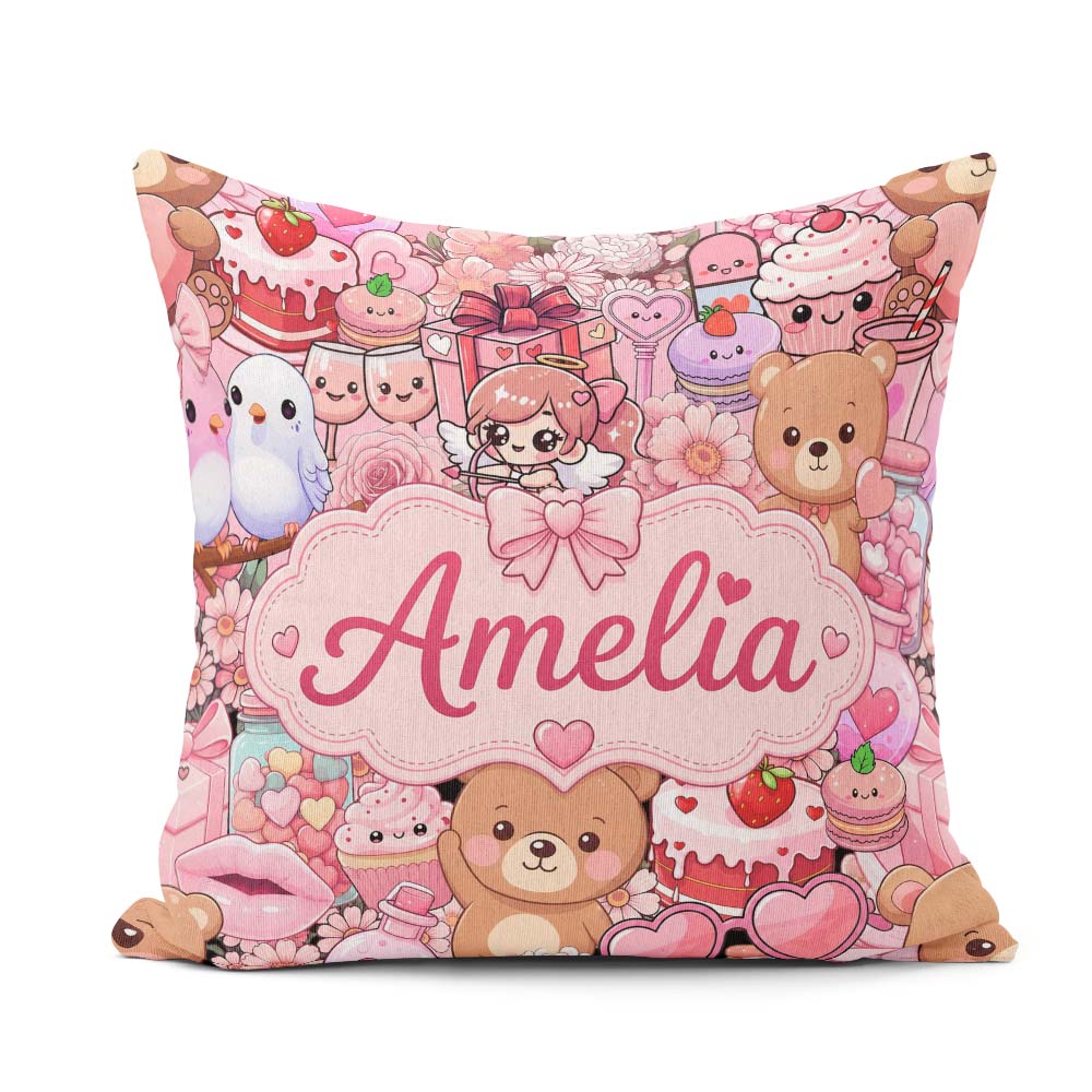 Custom Name Teddy Bears Cakes Flowers Pink Seamless Pattern Name Square Filled Cushion Throw Pillow Sofa Bed Home Decor Zip Washable UK Made