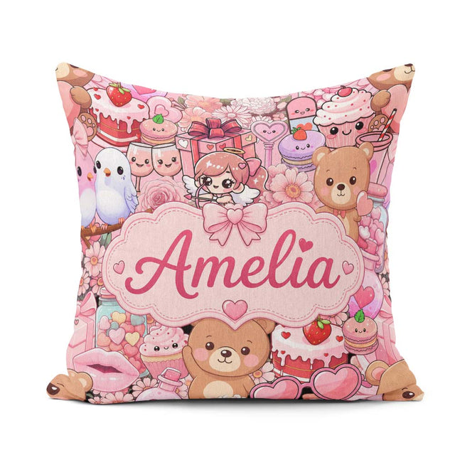 Custom Name Teddy Bears Cakes Flowers Pink Seamless Pattern Name Square Filled Cushion Throw Pillow Sofa Bed Home Decor Zip Washable UK Made