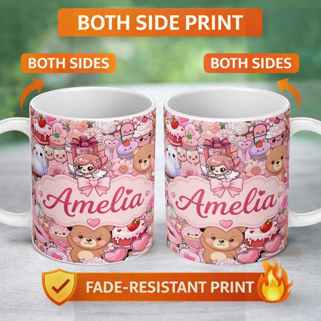 Personalized Custom Name Cute Teddy Bears Cakes Flowers Pink Background Seamless Pattern Name 11oz Ceramic Coffee Tea Mug White Large Handle