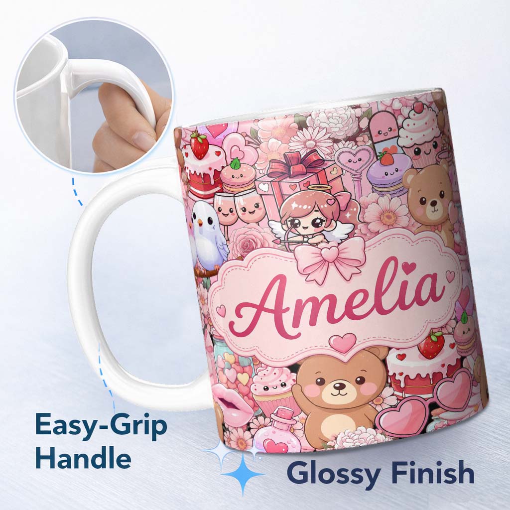 Personalized Custom Name Cute Teddy Bears Cakes Flowers Pink Background Seamless Pattern Name 11oz Ceramic Coffee Tea Mug White Large Handle