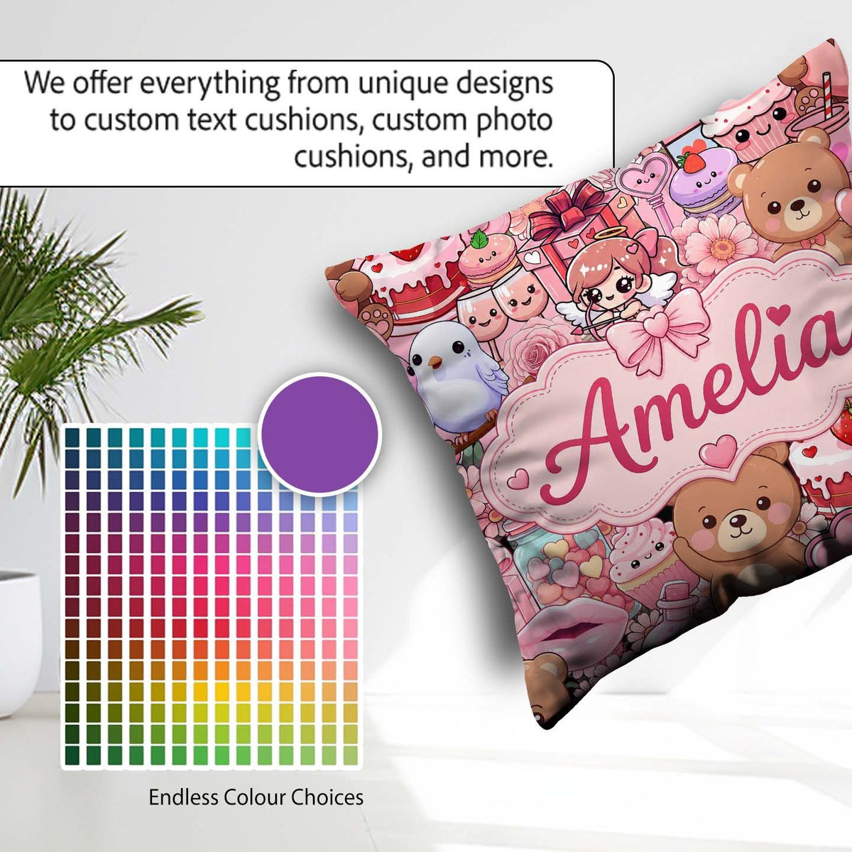 Custom Name Teddy Bears Cakes Flowers Pink Seamless Pattern Name Square Filled Cushion Throw Pillow Sofa Bed Home Decor Zip Washable UK Made