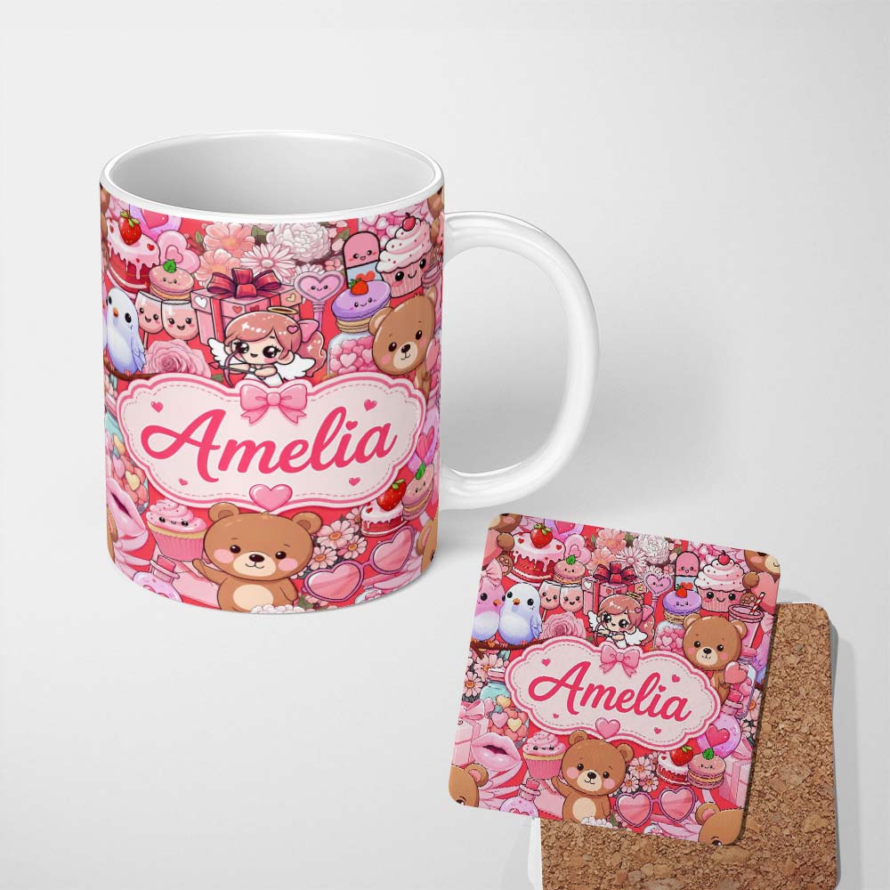 Personalized Custom Name Cute Teddy Bears Cakes Flowers Red Background Seamless Pattern 11oz Ceramic Coffee Tea Mug White Large Handle