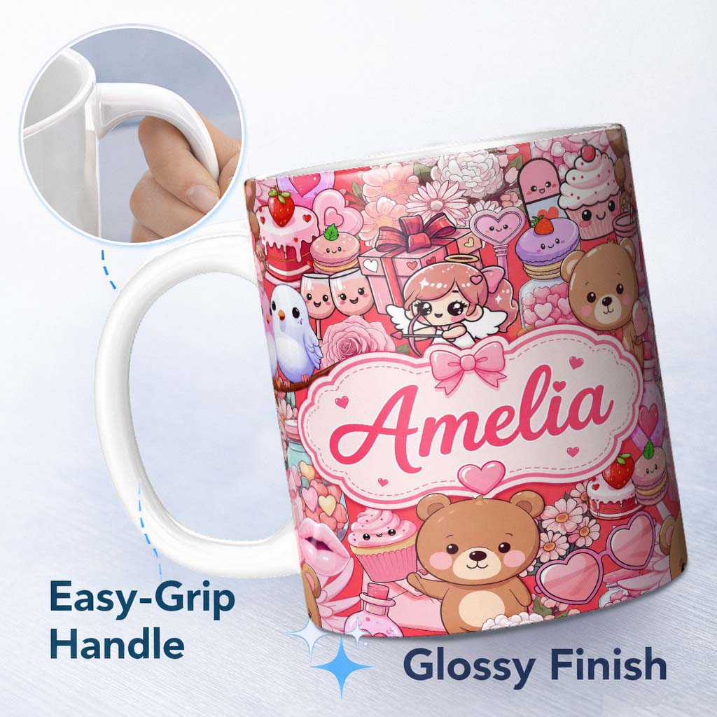 Personalized Custom Name Cute Teddy Bears Cakes Flowers Red Background Seamless Pattern 11oz Ceramic Coffee Tea Mug White Large Handle