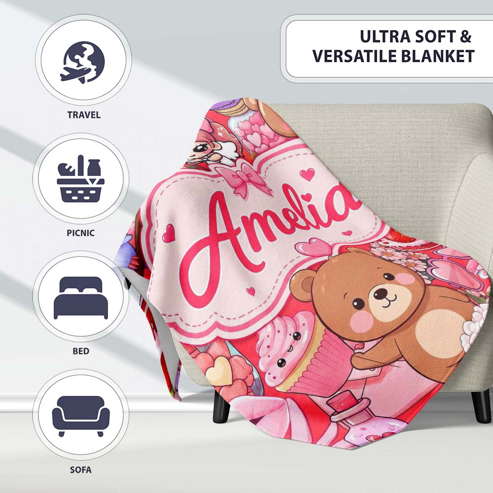 Cute Teddy Bears Cakes Flowers Red Background Seamless Pattern  Personalised Custom Name Super Soft Fleece Blanket Bed Sofa Throw