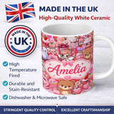 Personalized Custom Name Cute Teddy Bears Cakes Flowers Red Background Seamless Pattern 11oz Ceramic Coffee Tea Mug White Large Handle