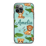 Cute Jungle Animals Lion Tiger Printed Design Custom Name Protective Phone Case Mobile Cover Durable Everyday Smartphone Shock Resistant