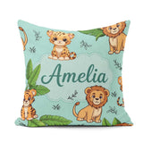 Custom Name Cute Jungle Animals Lion Tiger Leopard Teal Tropical Square Filled Cushion Throw Pillow Sofa Bed Home Decor Zip Washable UK Made