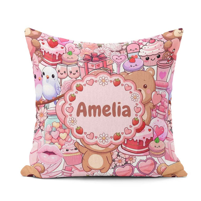 Custom Name Teddy Bears Cakes Flowers White Background Seamless Square Filled Cushion Throw Pillow Sofa Bed Home Decor Zip Washable UK Made