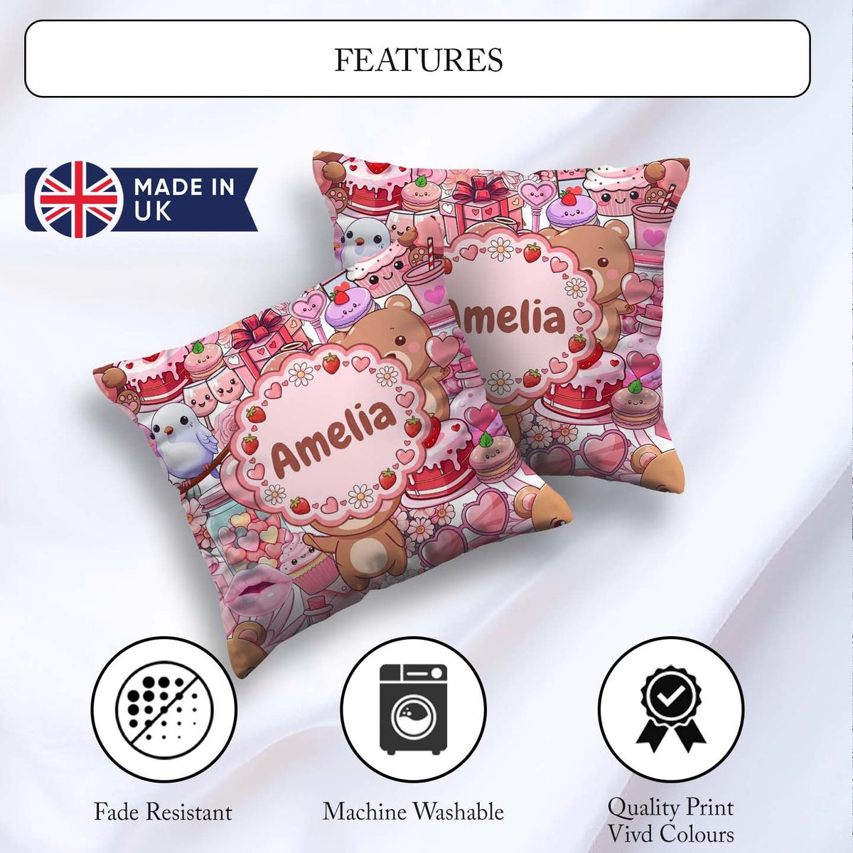 Custom Name Teddy Bears Cakes Flowers White Background Seamless Square Filled Cushion Throw Pillow Sofa Bed Home Decor Zip Washable UK Made