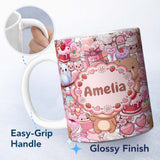 Personalized Custom Name Cute Teddy Bears Cakes Flowers White Background Seamless Pattern 11oz Ceramic Coffee Tea Mug White Large Handle