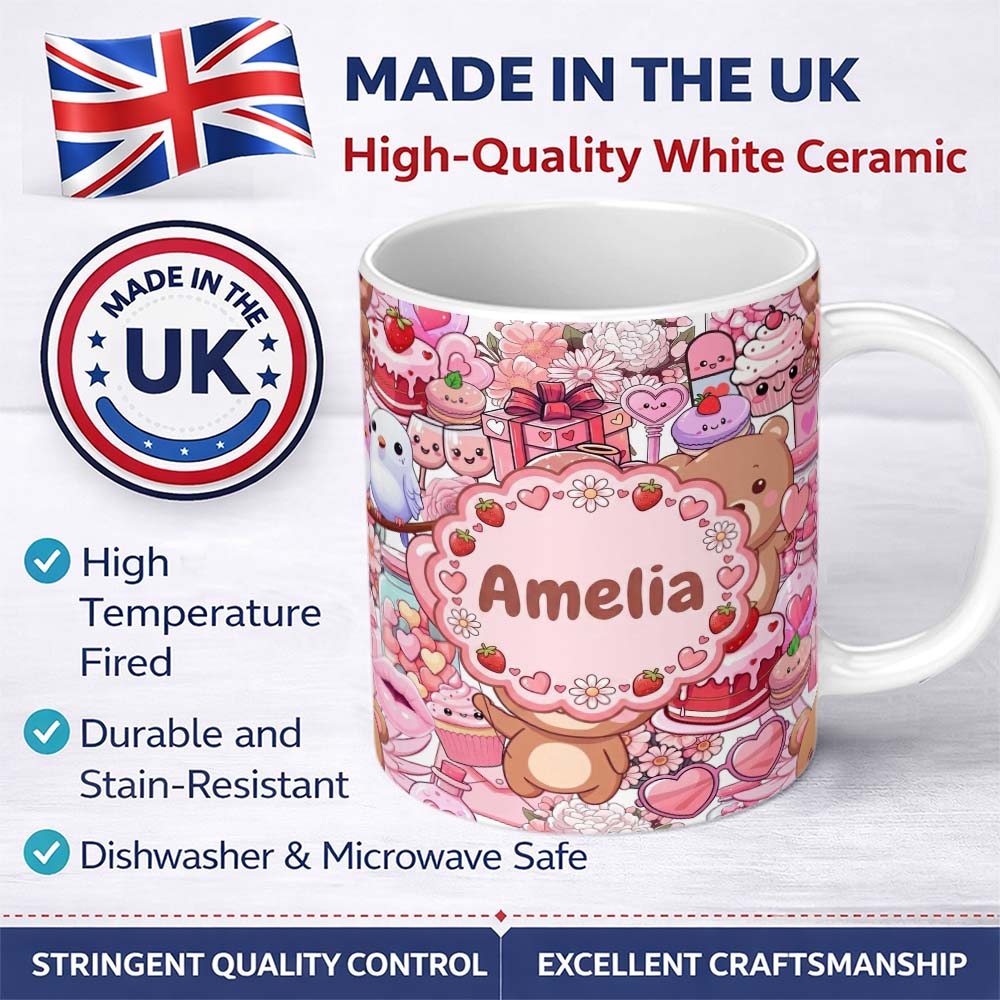 Personalized Custom Name Cute Teddy Bears Cakes Flowers White Background Seamless Pattern 11oz Ceramic Coffee Tea Mug White Large Handle