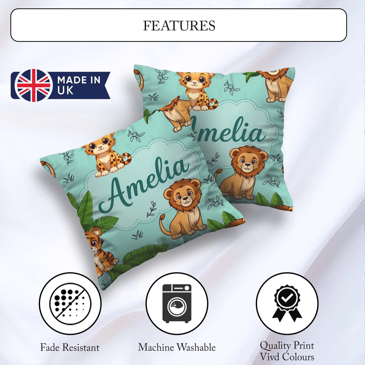 Custom Name Cute Jungle Animals Lion Tiger Leopard Teal Tropical Square Filled Cushion Throw Pillow Sofa Bed Home Decor Zip Washable UK Made