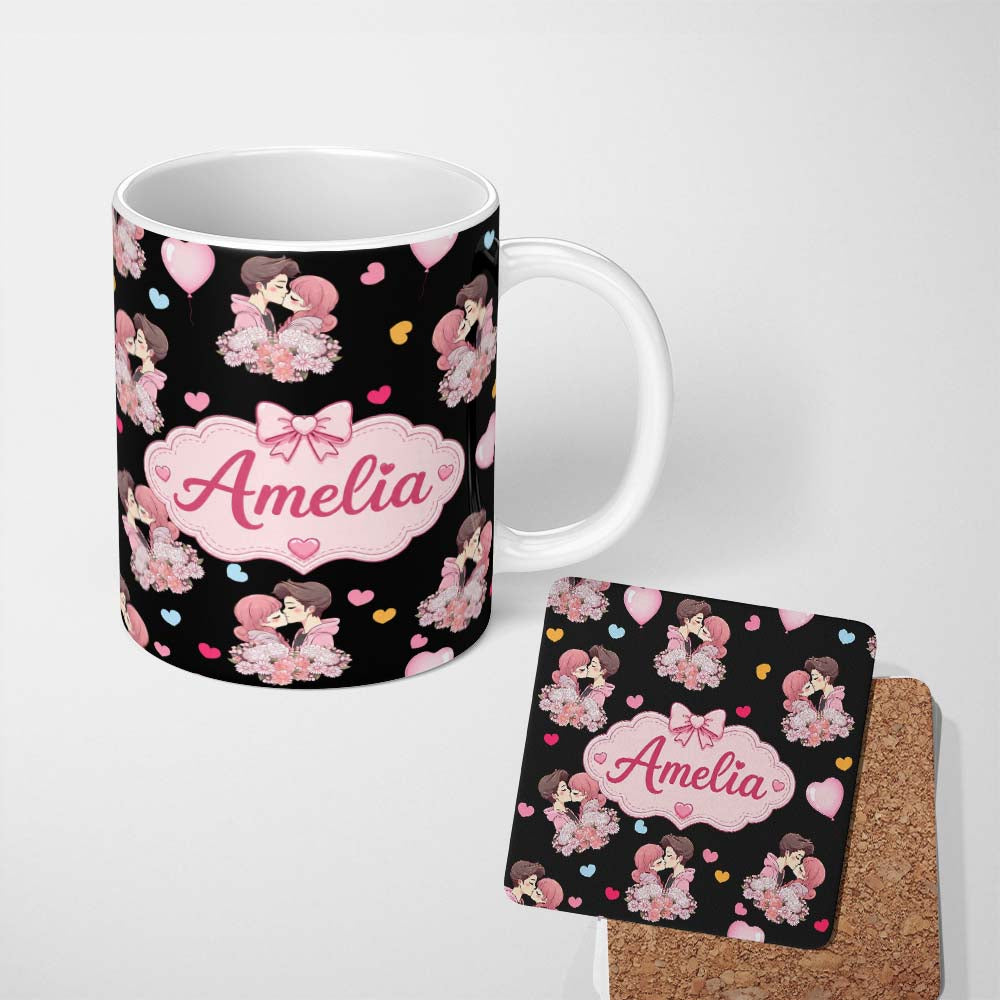 Personalized Custom Name Romantic Couple Kissing Hearts Balloons Cute Seamless Pattern Name 11oz Ceramic Coffee Tea Mug White Large Handle