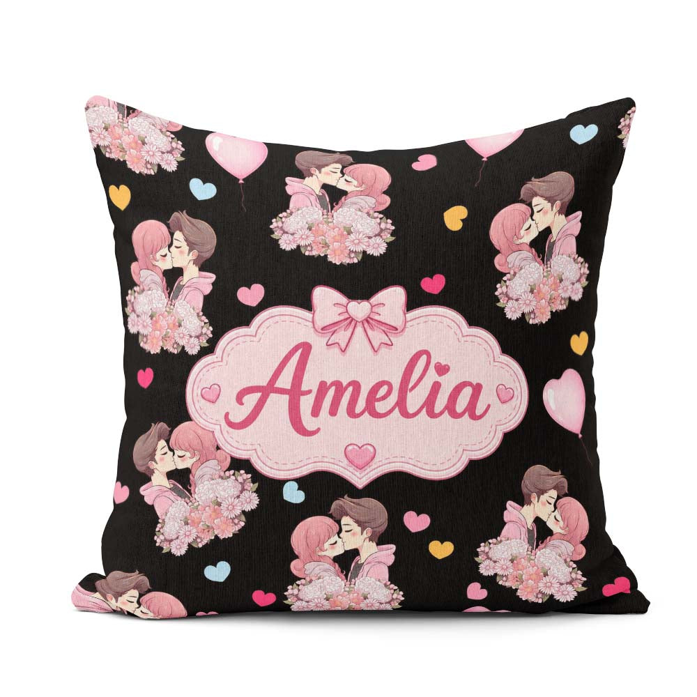 Custom Name Romantic Couple Kissing Hearts Balloons Pattern Name Square Filled Cushion Throw Pillow Sofa Bed Home Decor Zip Washable UK Made