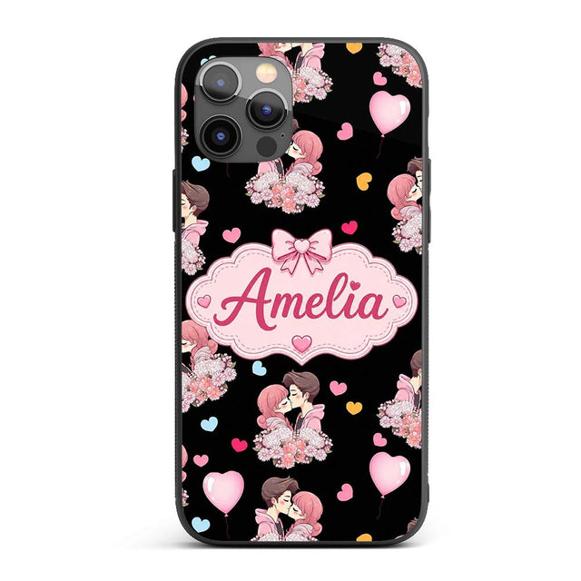 Romantic Couple Kissing Hearts Balloons Cute Custom Name Protective Phone Case Mobile Cover Durable Everyday Smartphone Shock Resistant