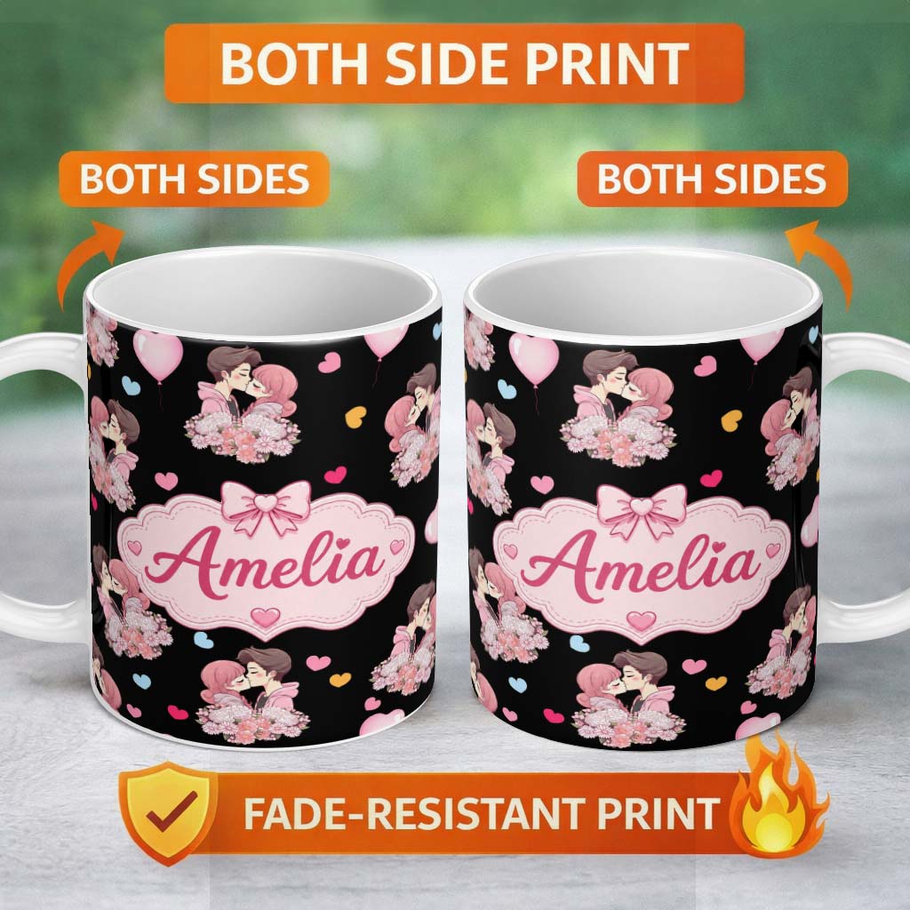 Personalized Custom Name Romantic Couple Kissing Hearts Balloons Cute Seamless Pattern Name 11oz Ceramic Coffee Tea Mug White Large Handle