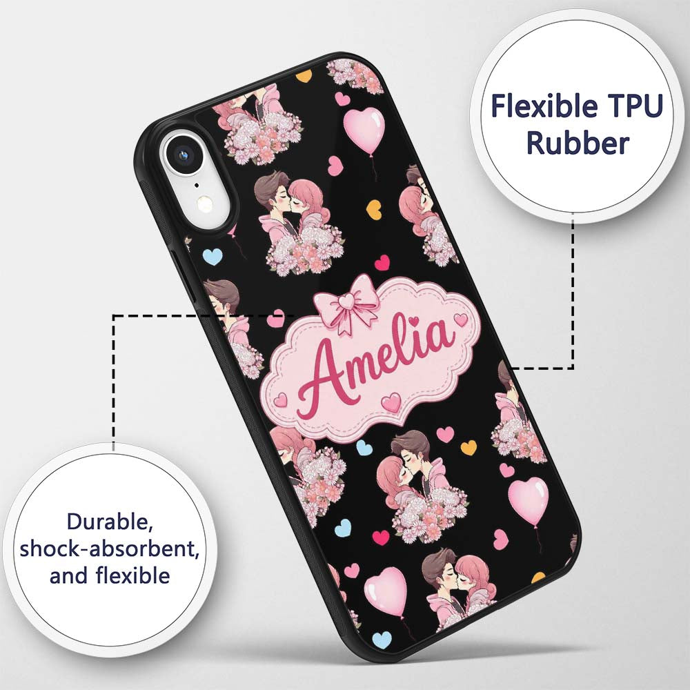 Romantic Couple Kissing Hearts Balloons Cute Custom Name Protective Phone Case Mobile Cover Durable Everyday Smartphone Shock Resistant