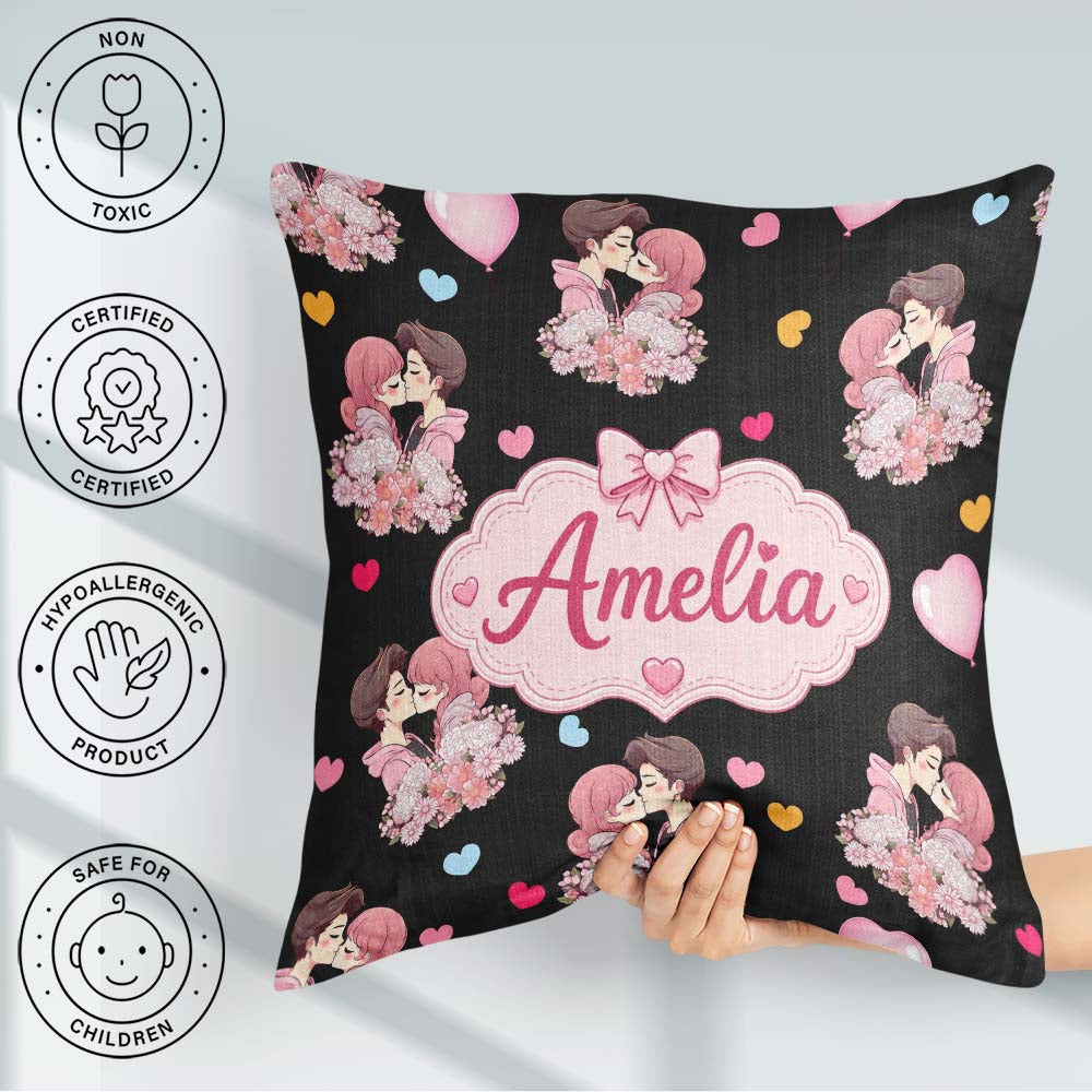 Custom Name Romantic Couple Kissing Hearts Balloons Pattern Name Square Filled Cushion Throw Pillow Sofa Bed Home Decor Zip Washable UK Made