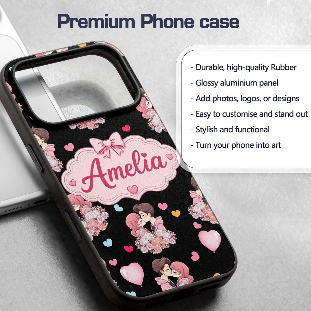 Romantic Couple Kissing Hearts Balloons Cute Custom Name Protective Phone Case Mobile Cover Durable Everyday Smartphone Shock Resistant