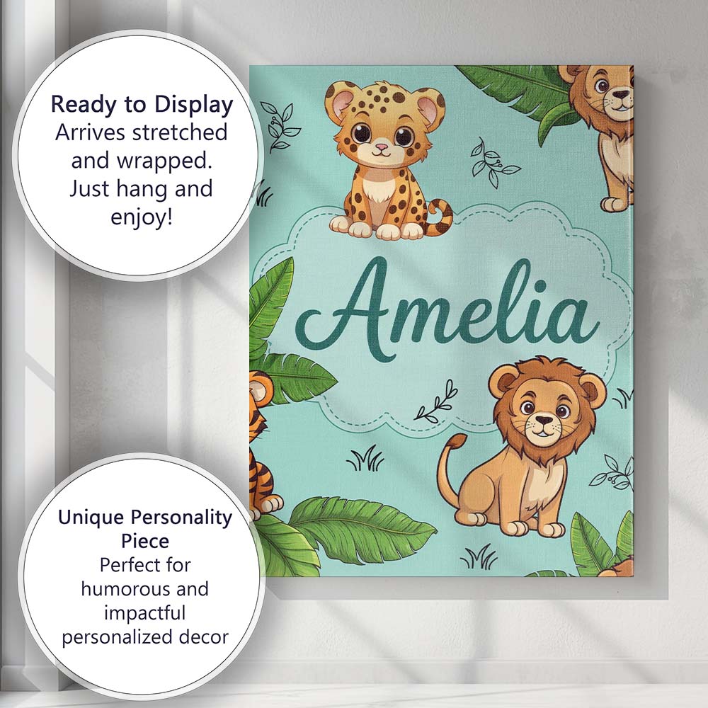 Personalised Name Cute Jungle Animals Lion Tiger Leopard Teal Custom Contemporary Display Canvas Wall Art Print Decor Picture Ready to Hang