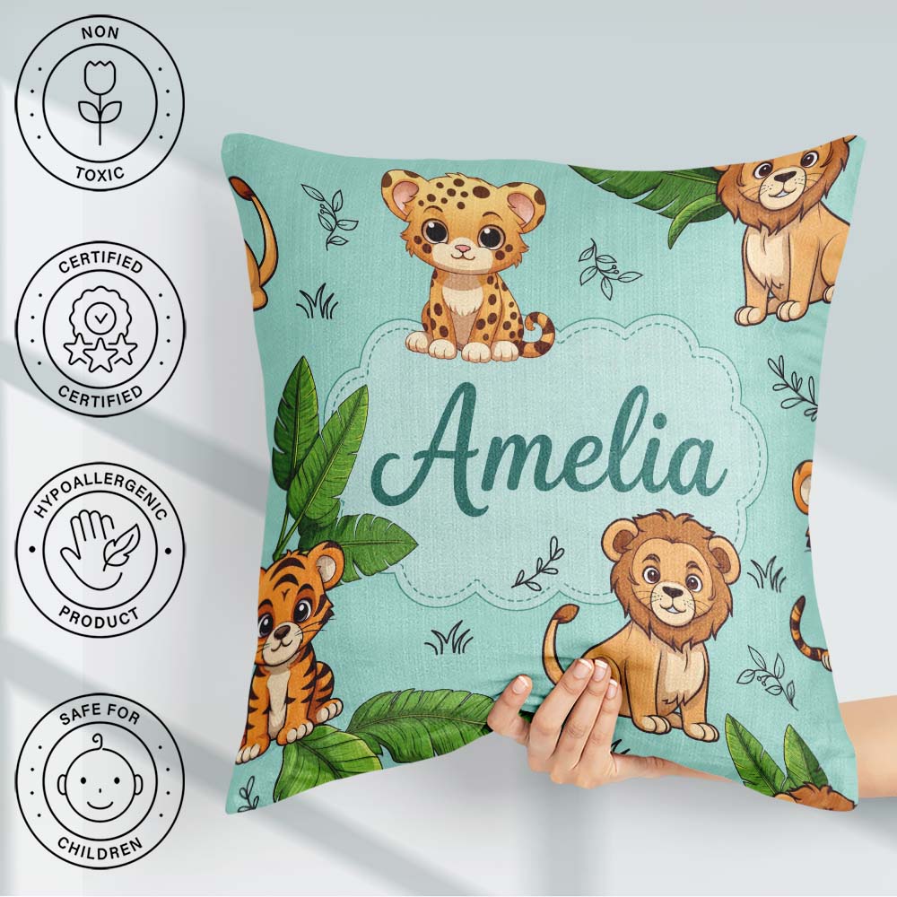 Custom Name Cute Jungle Animals Lion Tiger Leopard Teal Tropical Square Filled Cushion Throw Pillow Sofa Bed Home Decor Zip Washable UK Made