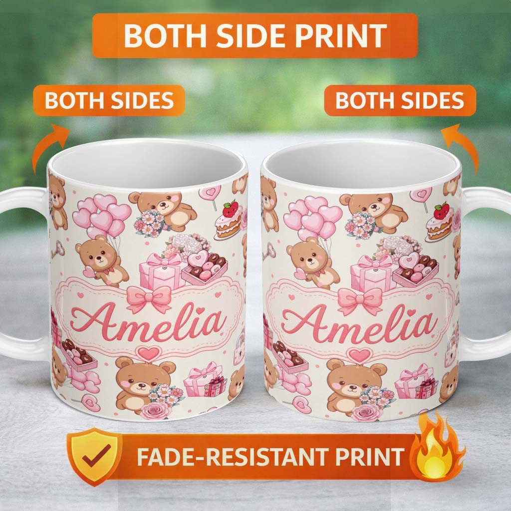 Personalized Custom Name Cute Teddy Bears Gifts Hearts Valentines Seamless Pattern Name 11oz Ceramic Coffee Tea Mug White Large Handle