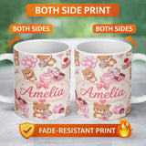 Personalized Custom Name Cute Teddy Bears Gifts Hearts Valentines Seamless Pattern Name 11oz Ceramic Coffee Tea Mug White Large Handle