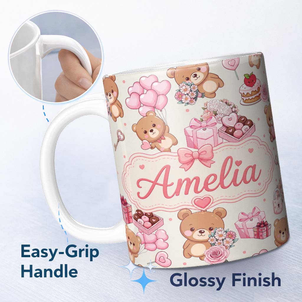 Personalized Custom Name Cute Teddy Bears Gifts Hearts Valentines Seamless Pattern Name 11oz Ceramic Coffee Tea Mug White Large Handle