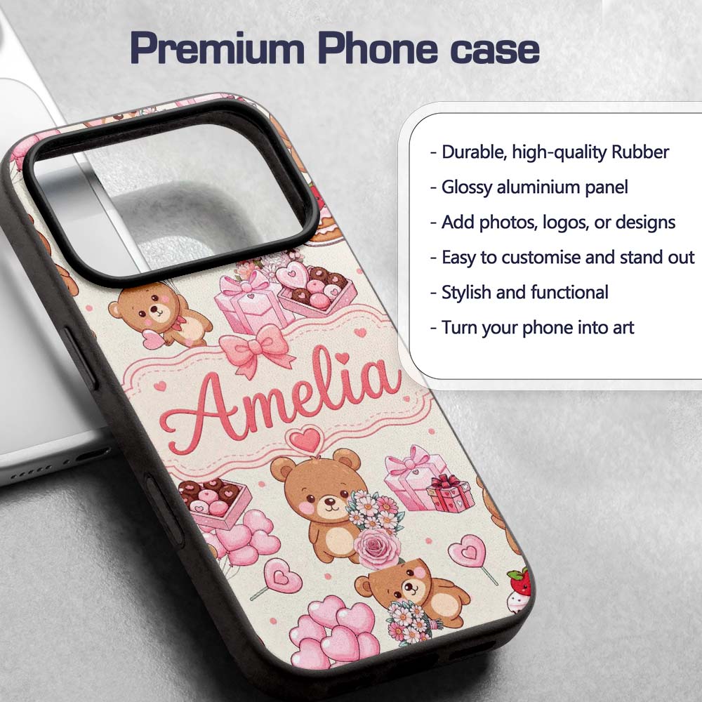 Cute Teddy Bears Gifts Hearts Valentines Seamless Custom Name Protective Phone Case Mobile Cover Durable Everyday Smartphone Shock Resistant