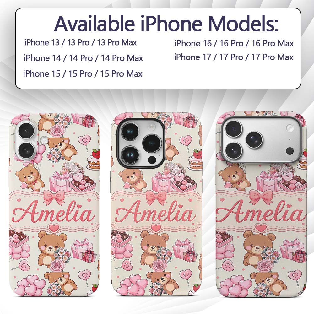 Cute Teddy Bears Gifts Hearts Valentines Seamless Custom Name Protective Phone Case Mobile Cover Durable Everyday Smartphone Shock Resistant