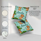Custom Name Cute Jungle Animals Lion Tiger Leopard Teal Tropical Square Filled Cushion Throw Pillow Sofa Bed Home Decor Zip Washable UK Made