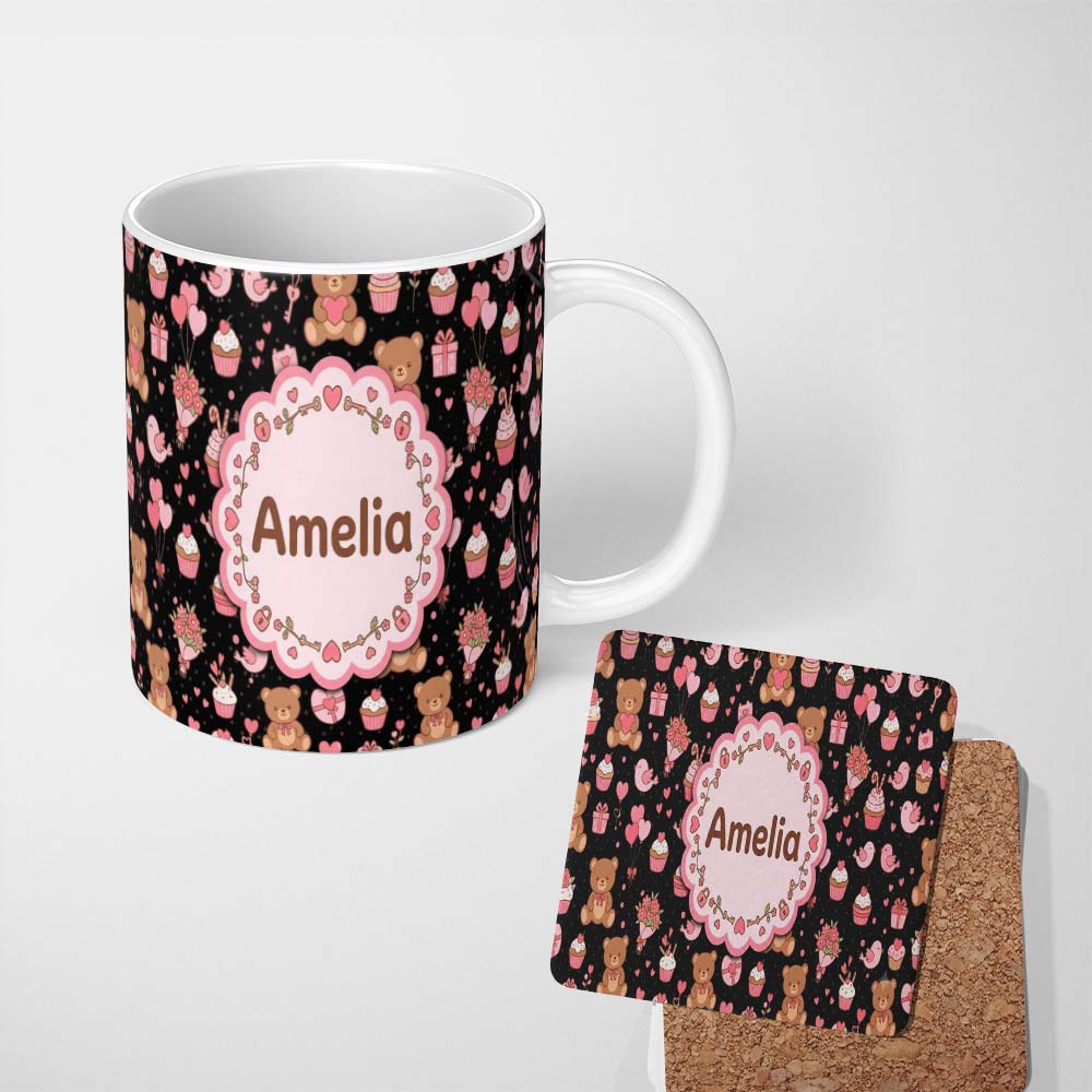 Personalized Custom Name Cute Teddy Bears Gifts Hearts Black Background Seamless Pattern Name 11oz Ceramic Coffee Tea Mug White Large Handle