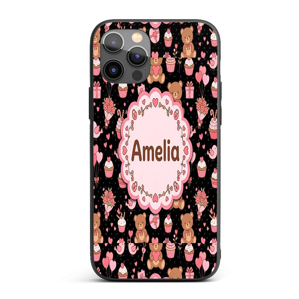 Cute Teddy Bears Gifts Hearts Black Background Custom Name Protective Phone Case Mobile Cover Durable Everyday Smartphone Shock Resistant