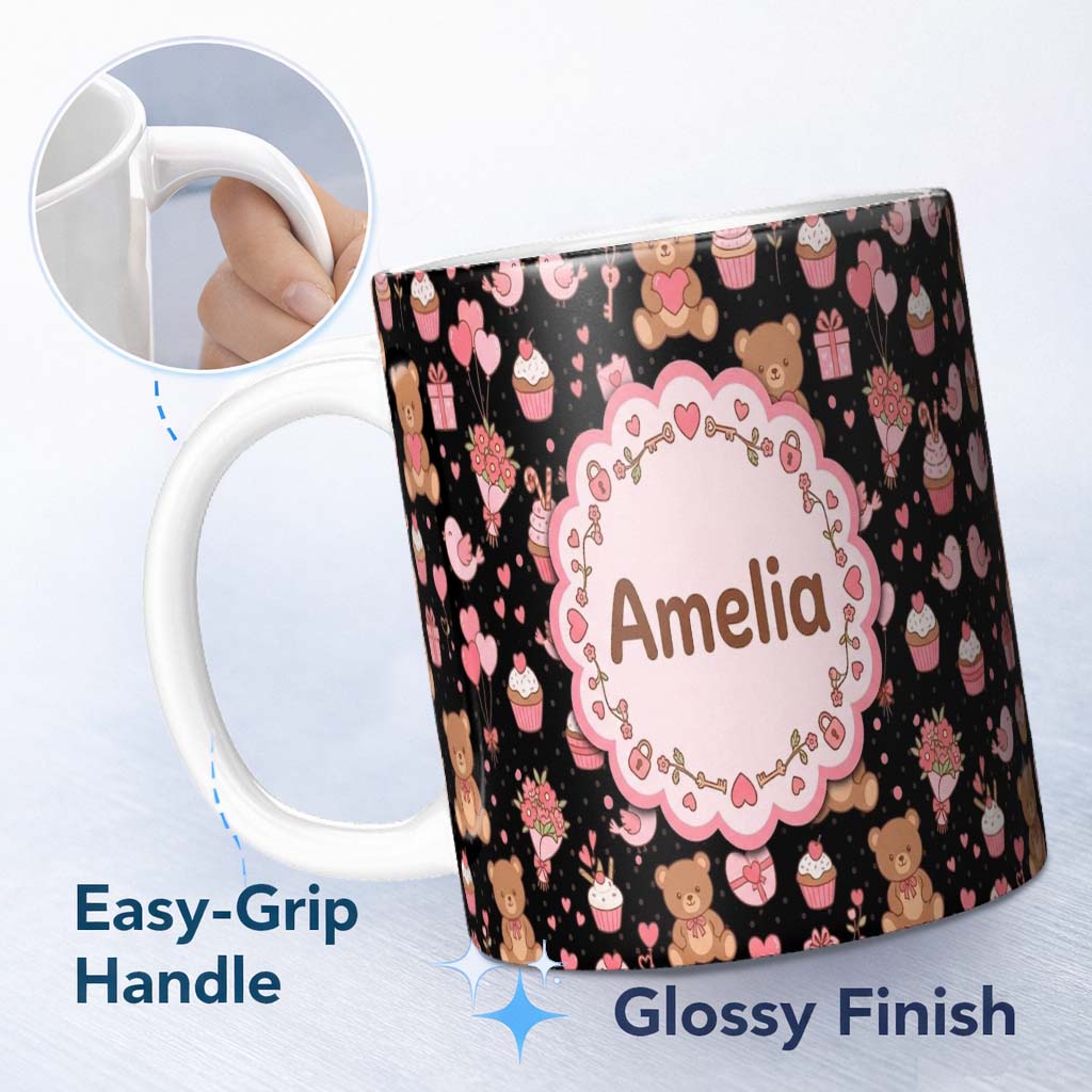 Personalized Custom Name Cute Teddy Bears Gifts Hearts Black Background Seamless Pattern Name 11oz Ceramic Coffee Tea Mug White Large Handle